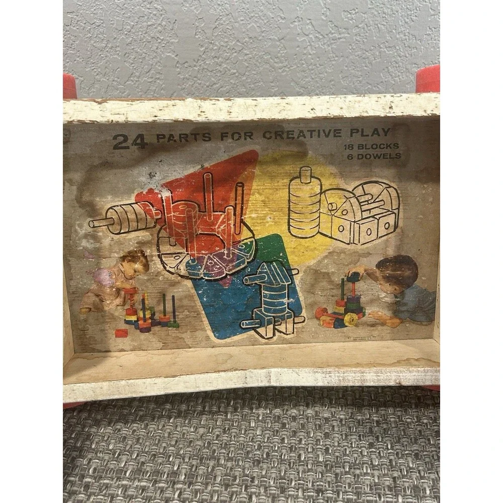 Vintage Fisher Price Creative Play Wagon Plastic Building PCs Wood PCs 1960’s